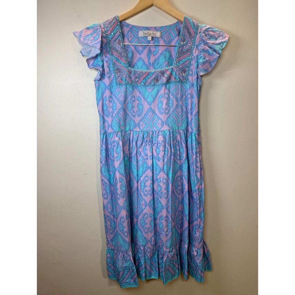 Bella Tu Women's Size XS Ikat Square Neck Dress Sequins Detail